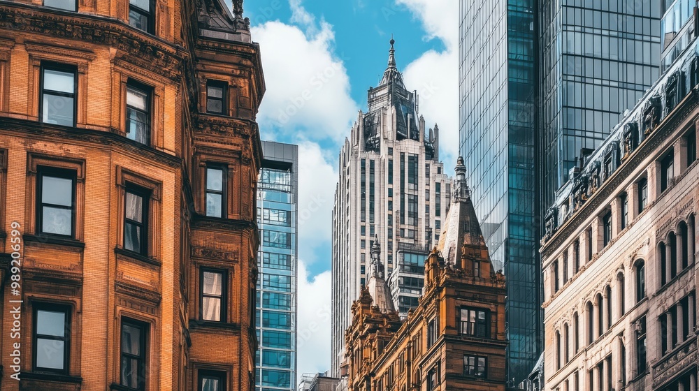 Fototapeta premium old, ornate buildings standing next to modern high-rises, showing the contrast of architectural styles in a city