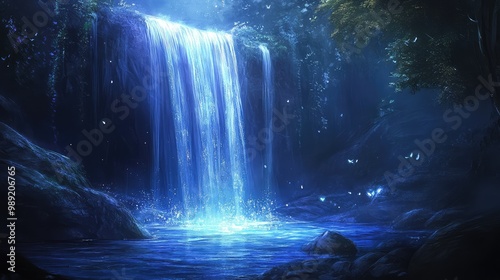 Wallpaper Mural A magical waterfall on a distant planet, where the water glows with soft, blue light as it cascades down into a pool of shimmering liquid. Torontodigital.ca