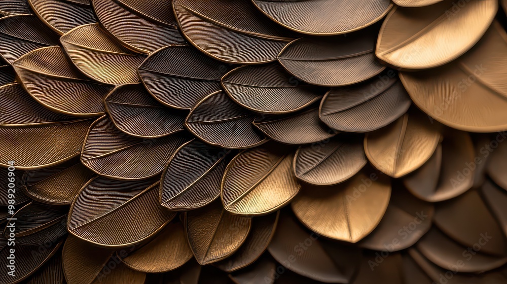 A close up of a feathery pattern made of gold leaf. The leaves are arranged in a way that creates a sense of depth and texture, with some leaves overlapping and others extending outwards A close up of a feathery pattern made of gold leaf. The leaves are arranged in a way that creates a sense of depth and texture, with some leaves overlapping and others extending outwards