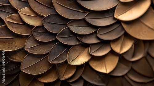 A close up of a feathery pattern made of gold leaf. The leaves are arranged in a way that creates a sense of depth and texture, with some leaves overlapping and others extending outwards