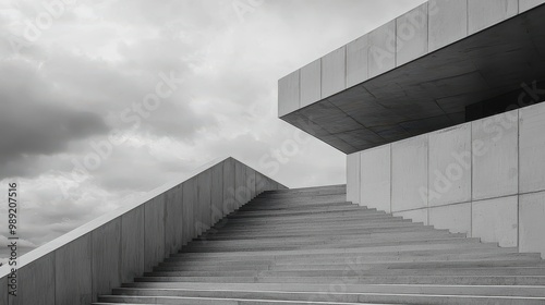 A gray building with a gray roof and gray steps. The building is tall and has a lot of steps