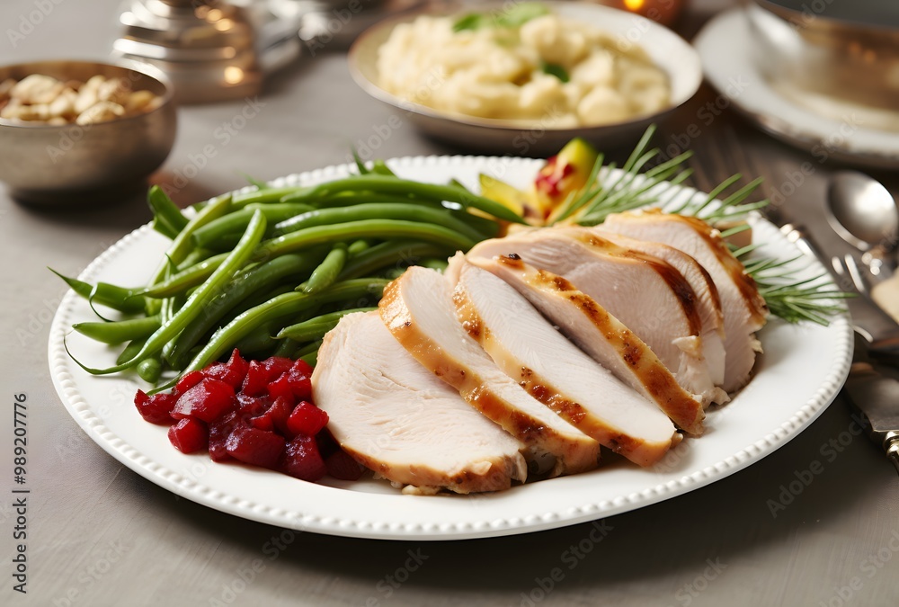 Roasted Turkey Slices with Green Beans and Cranberry Sauce Roasted Turkey Slices with Green Beans and Cranberry Sauce