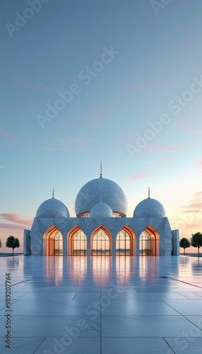 A stunning modern mosque featuring a large dome and minaret, illuminated by the warm hues of sunset, reflecting Islamic architectural beauty.