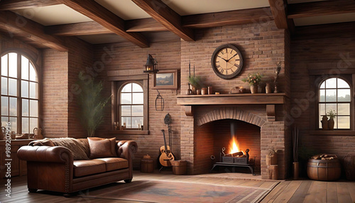 Old Western-style room with a brick fireplace and sofa. レンガ造りの暖炉とソファーのある古い洋室 photo