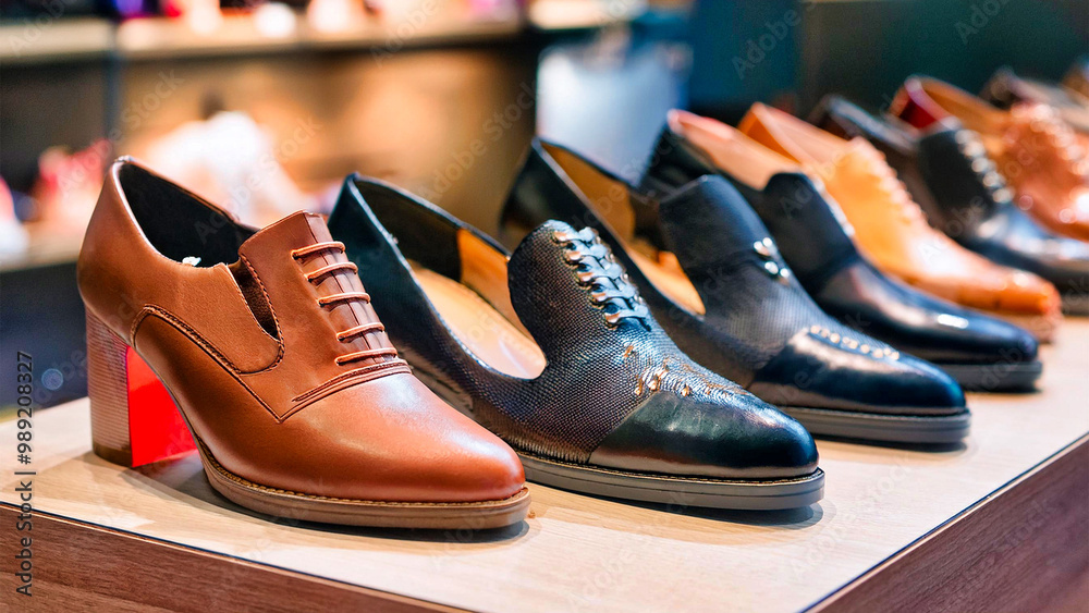 Display of modern fashion shoes on store or boutique counter stand close-up. Display of modern fashion shoes on store or boutique counter stand close-up.