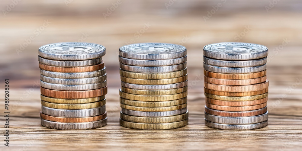 Stacked Coins on Wooden Table Financial Growth Investment Currency Money Savings We Stacked Coins on Wooden Table Financial Growth Investment Currency Money Savings We