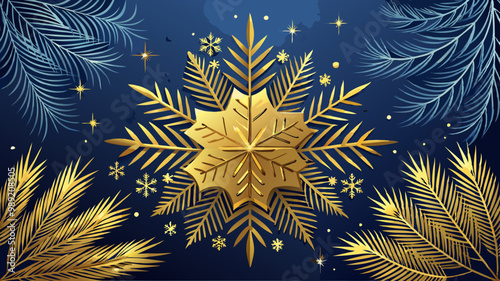 Christmas pine leaves, snowflake with gold leaf and texture spot on navy blue background. 