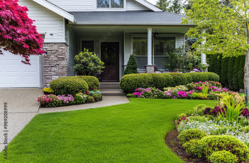 A clean and well-maintained front yard of an American home, featuring neatly trimmed hedges, colorful flower beds, lush green grass, and a beautiful house with large windows A clean and well-maintained front yard of an American home, featuring neatly trimmed hedges, colorful flower beds, lush green grass, and a beautiful house with large windows