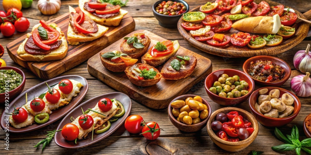 Variety of Spanish tapas on a wooden table with copyspace