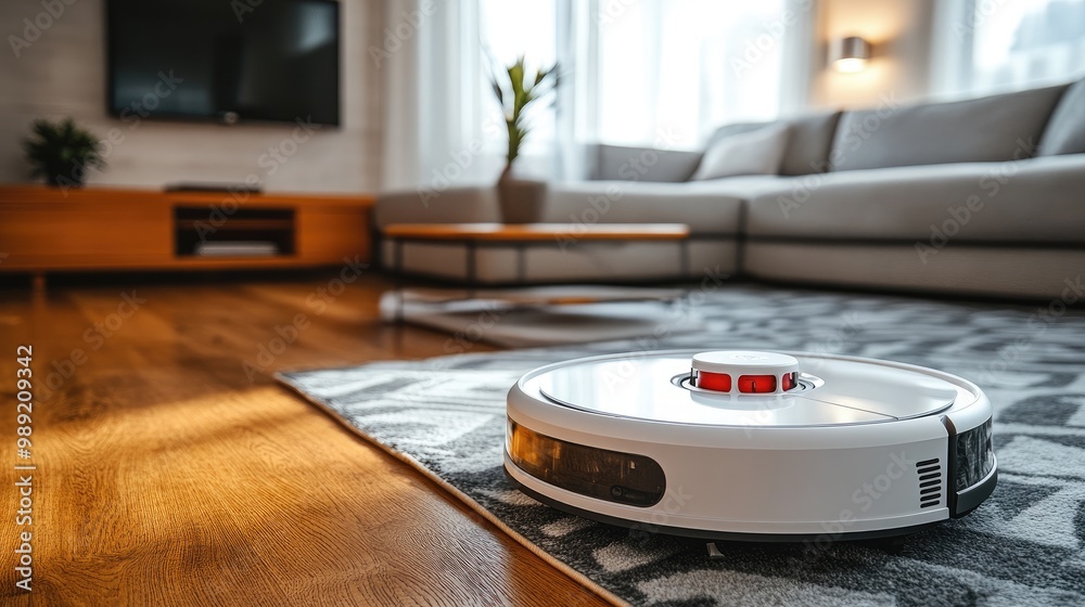 robot vacuum cleaner maintaining a clutter-free living room, focusing on cleanliness and convenience robot vacuum cleaner maintaining a clutter-free living room, focusing on cleanliness and convenience