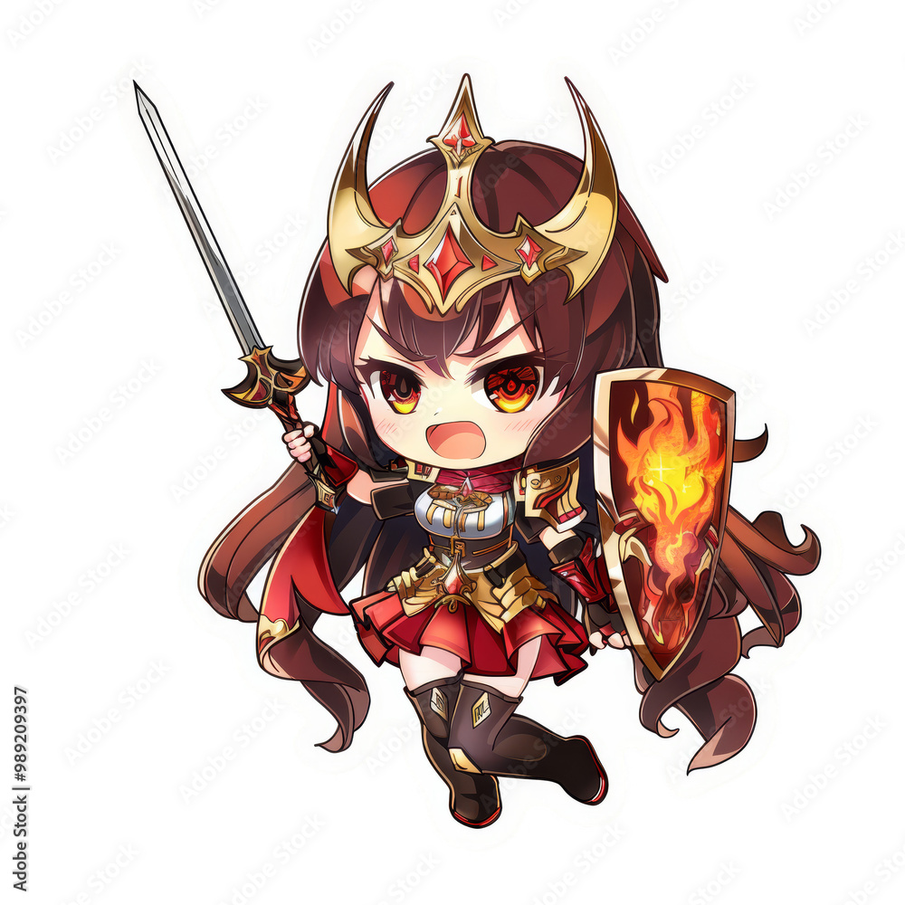 Fototapeta premium A cute chibi style illustration of a female warrior character with long red hair, a crown, armor, a sword, and a shield.