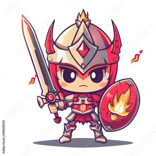 A fierce female warrior with red armor and a sword, standing ready for battle, holding a shield with fire motif.
