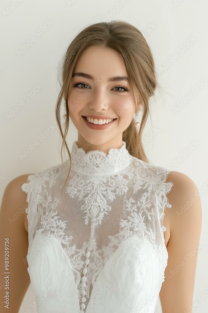A joyful bride in a stunning white wedding dress, showcasing elegance and beauty while preparing for her special day. A joyful bride in a stunning white wedding dress, showcasing elegance and beauty while preparing for her special day.