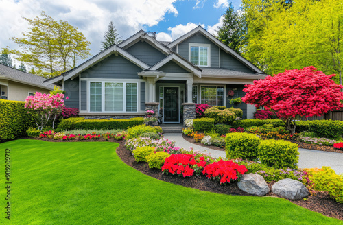 A clean and well-maintained front yard of an American home, featuring neatly trimmed hedges, colorful flower beds, lush green grass, and a beautiful house with large windows