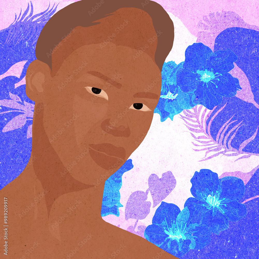 Ilustracja portret młody człowiek na kwiecistym tle.
Hand made drawing. Retro stule poster.