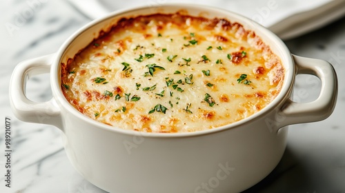 Delicious baked pasta dish with melted cheese and herbs, served in a white casserole dish on a marble countertop.