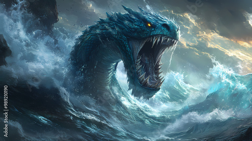 Leviathan a massive sea serpent rising from the depths ancient biblical myth turbulent waters crashing waves symbol of chaos and power. Sea Serpent. Illustration