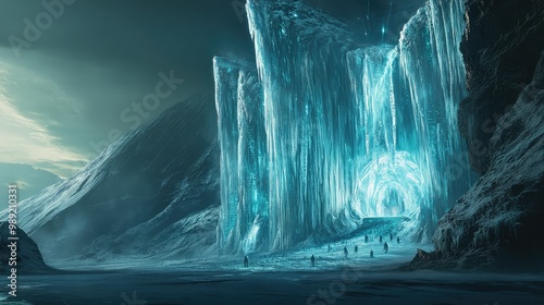 A massive ice palace glowing under the pale light of an alien star, with frozen waterfalls cascading down its transparent walls.