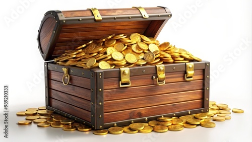 Overflowing treasure chest full of gold coins is sitting on a white background