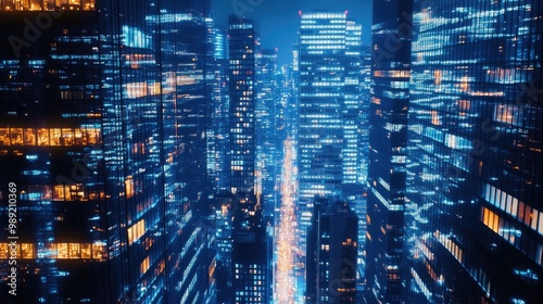 Wallpaper Mural skyscrapers rising high into the night sky, with their windows lit, showing a vibrant city with no people around Torontodigital.ca