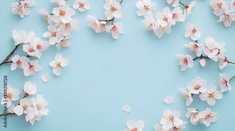 Delicate cherry blossoms arranged on a light blue background, creating a serene aesthetic. Delicate cherry blossoms arranged on a light blue background, creating a serene aesthetic.