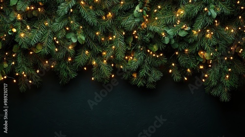 A close-up view of evergreen branches adorned with glowing lights, set against a dark backdrop, perfect for holiday-themed designs.