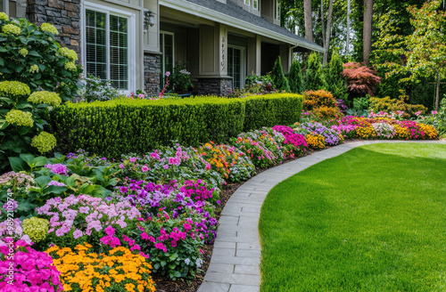 A clean and well-maintained front yard of an American home, featuring lush green grass, neatly trimmed bushes in various colors, and vibrant flower beds.