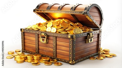 Overflowing treasure chest full of gold coins is sitting on a white background