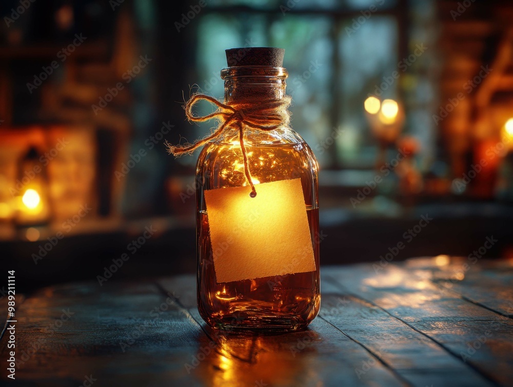 A warm glowing bottle with a blank label, illuminated by soft lights in a cozy setting. A warm glowing bottle with a blank label, illuminated by soft lights in a cozy setting.