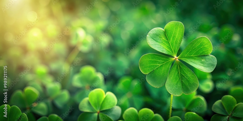 Four leaf clover nestled on a vibrant green shamrock background
