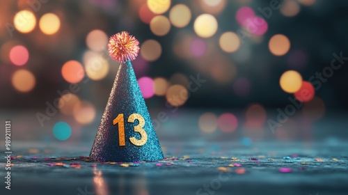 A festive birthday party hat with the number 13 on it, surrounded by colorful bokeh lights and confetti.