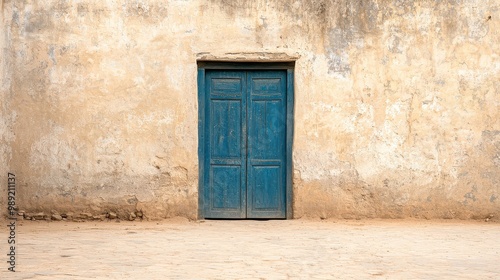 A blue door is standing in front of a wall. The door is open and the wall is made of stone