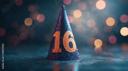 A vibrant party hat with the number 16, surrounded by colorful bokeh lights, perfect for celebrations.