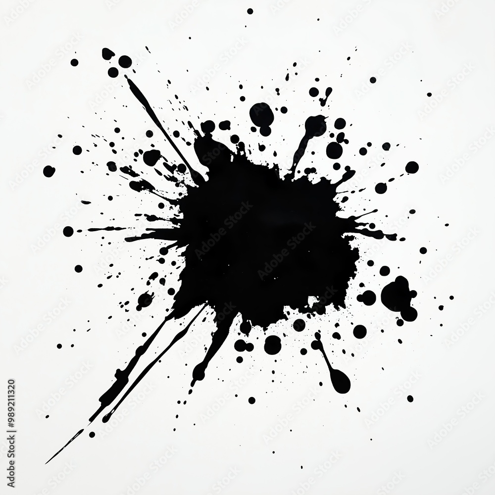 Black ink splash on white background, creating a dynamic, abstract pattern with splatters and droplets spreading outward Black ink splash on white background, creating a dynamic, abstract pattern with splatters and droplets spreading outward