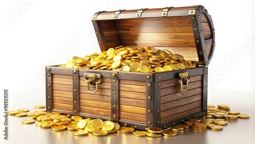 Overflowing treasure chest full of gold coins is sitting on a white background