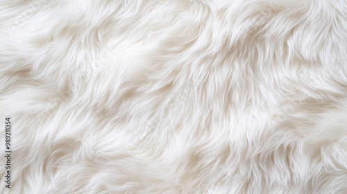 A close up of a white fur texture, possibly from a sheep. The fur appears to be very soft and fluffy, giving the impression of a cozy and warm texture. Scene is one of comfort and relaxation
