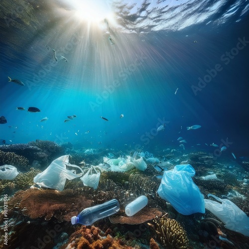 underwater view of plastic pollution and microplastics threatening marine wildlife in ocean