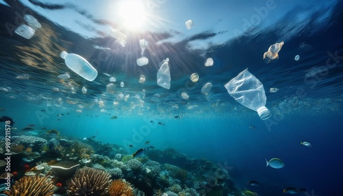 underwater view of plastic pollution and microplastics threatening marine wildlife in ocean photo