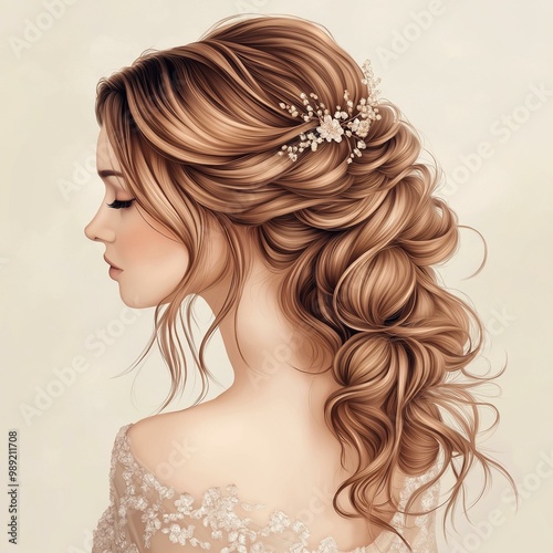 Elegant hairstyle featuring romantic curls adorned with delicate flowers, perfect for weddings or special occasions. photo