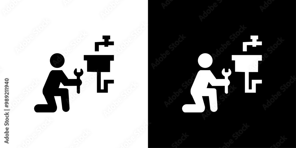 Plumber repairing pipe icon Isolated flat vector in outline Plumber repairing pipe icon Isolated flat vector in outline