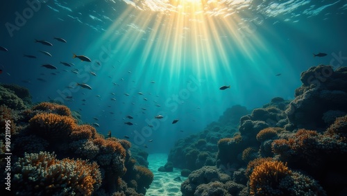 Underwater Sunlight Beams Through Coral Reef