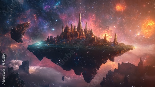 A mysterious island floating in space, surrounded by glowing, colorful nebulae, with strange ancient ruins scattered across its surface.