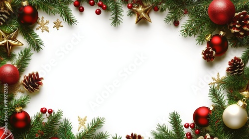 Festive holiday decorations featuring red ornaments, pine branches, and golden accents on a white background for seasonal celebrations