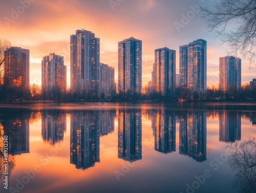 tall buildings casting reflections in a calm urban lake, captured at sunset with no people around