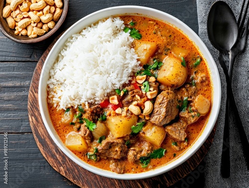 A fragrant Thai massaman curry with beef, potatoes, peanuts, and a rich coconut milk broth, served with a side of steamed rice photo