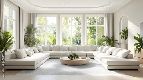 Bright and airy living room with large windows plush sectional sofa minimalist coffee table and lush indoor plants creating a serene and sophisticated atmosphere for relaxation and entertainment