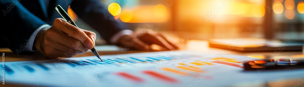 Professional hands working on a financial report with colorful charts at a desk.