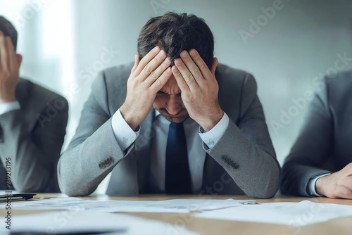 Stressed businessman with head in hands at a meeting, reflecting workplace pressure and anxiety.