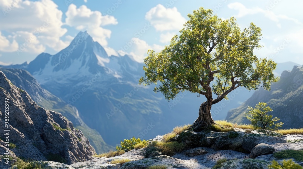 Obraz premium tree growing at the base of a mountain, with towering peaks in the background and a clear sky above