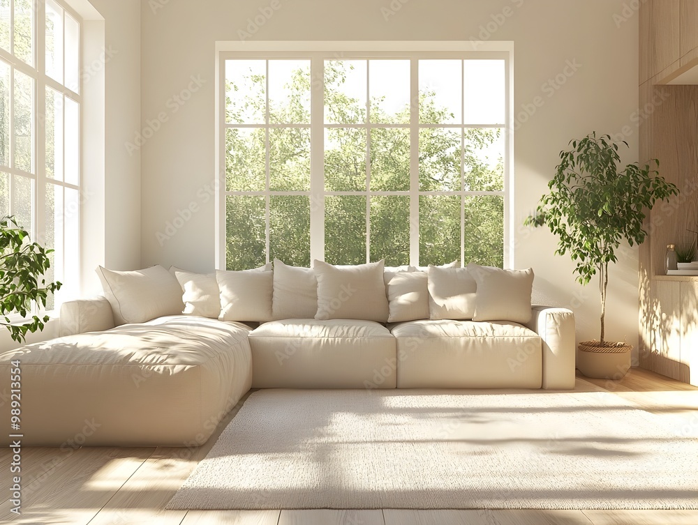 Fototapeta premium Cozy and Inviting Modern Living Room with Minimalist Stylish Decor and Bright Sunlight
